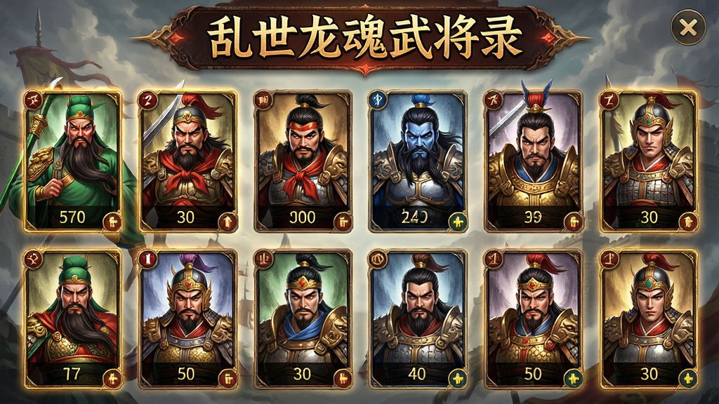 一幅武将收集界面图,画面中展示多位三国名将卡牌,如关羽、张飞、赵云等,卡牌排列整齐,上方写有乱世龙魂武将录,风格为精美卡牌风,色彩华丽,画质高清,干净,无多余元素
