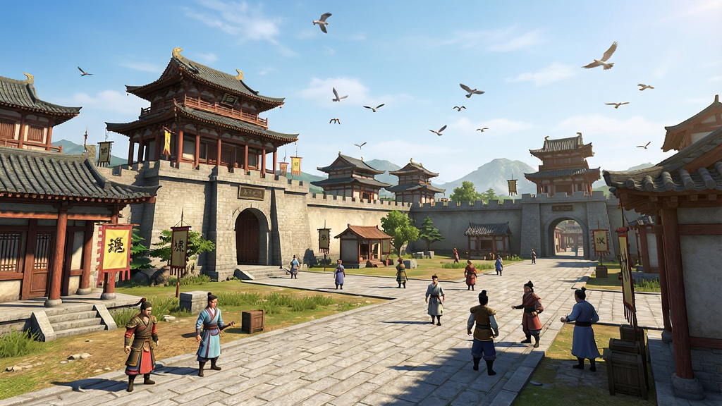 一幅游戏画面展示图,画面中展示乱世龙魂游戏内的主城场景,建筑精美,NPC走动,天空有飞鸟,整体风格为写实三国,色彩明亮,画质高清,干净,无多余元素