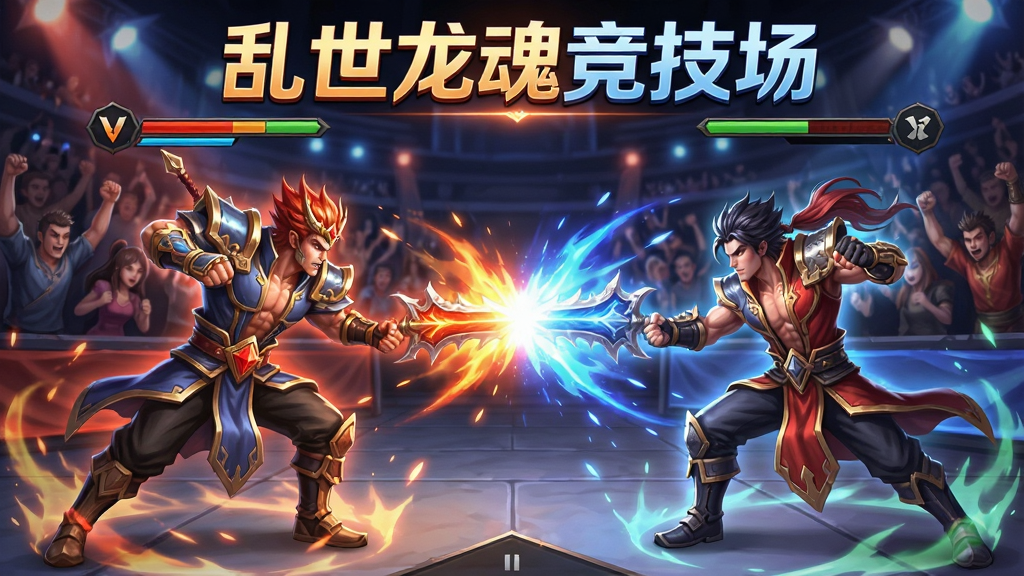 一幅PVP竞技场界面图,画面中两位玩家角色正在对战,周围有观众和特效,上方写有乱世龙魂竞技场,风格为热血对战,色彩鲜艳,画质高清,干净,无多余元素