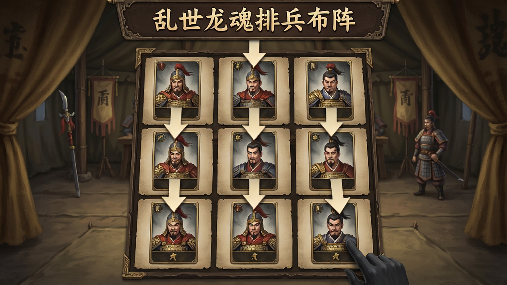 一幅策略布阵界面图,画面中是一个九宫格阵型,玩家正在拖拽武将卡牌到不同位置,背景是古代军帐,上方写有乱世龙魂排兵布阵,风格为策略游戏界面,色彩沉稳,画质高清,干净,无多余元素