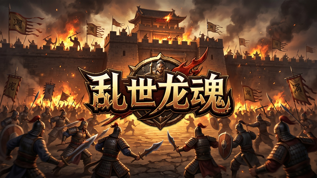 一幅游戏战斗场景图,画面中数十名三国武将和士兵在攻城,城墙上下火光冲天,中央突出乱世龙魂游戏logo,风格为热血写实,色彩浓烈,画质高清,干净,无多余元素