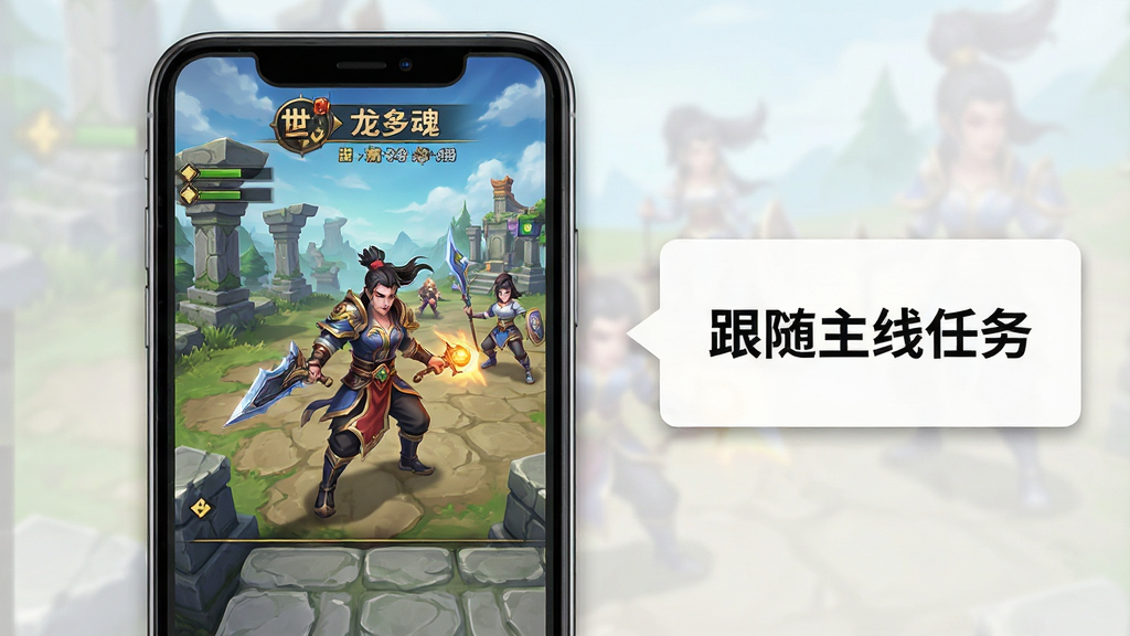 一幅新手引导界面图,画面中是一个手机屏幕显示乱世龙魂游戏画面,旁边有新手提示框,写着“跟随主线任务”,风格为游戏教程截图,色彩清晰,画质高清,干净,无多余元素