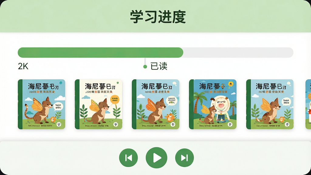 海尼曼分级阅读器学习记录页面,顶部显示“学习进度”标题,中部为进度条和已读绘本封面缩略图,底部为播放控制按钮,简约教育类应用风格,浅绿色与白色搭配,界面清爽,文字清晰可辨,2K画质,无多余装饰