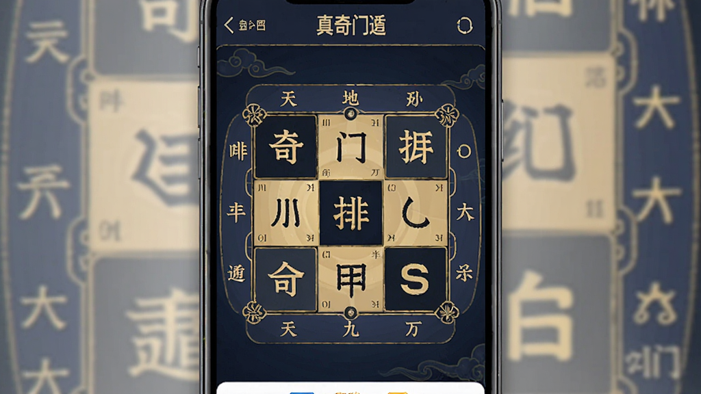 一张展示从真奇门app主界面的竖版手机截图,画面中央为奇门遁甲九宫格排盘图,四周环绕天干地支与八门九星信息,整体色调以深蓝与金色为主,风格古朴庄重,细节清晰,画质干净,无多余元素,适合作为软件下载站预览图