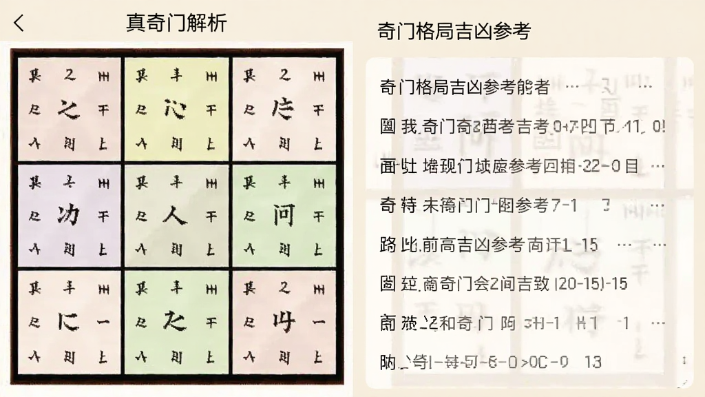 从真奇门app解析页面截图,画面左侧为九宫格排盘,右侧为文字解析区域,文字内容为奇门格局吉凶参考,背景为浅米色,风格简洁清晰,排版左右分栏,画质干净,无多余元素