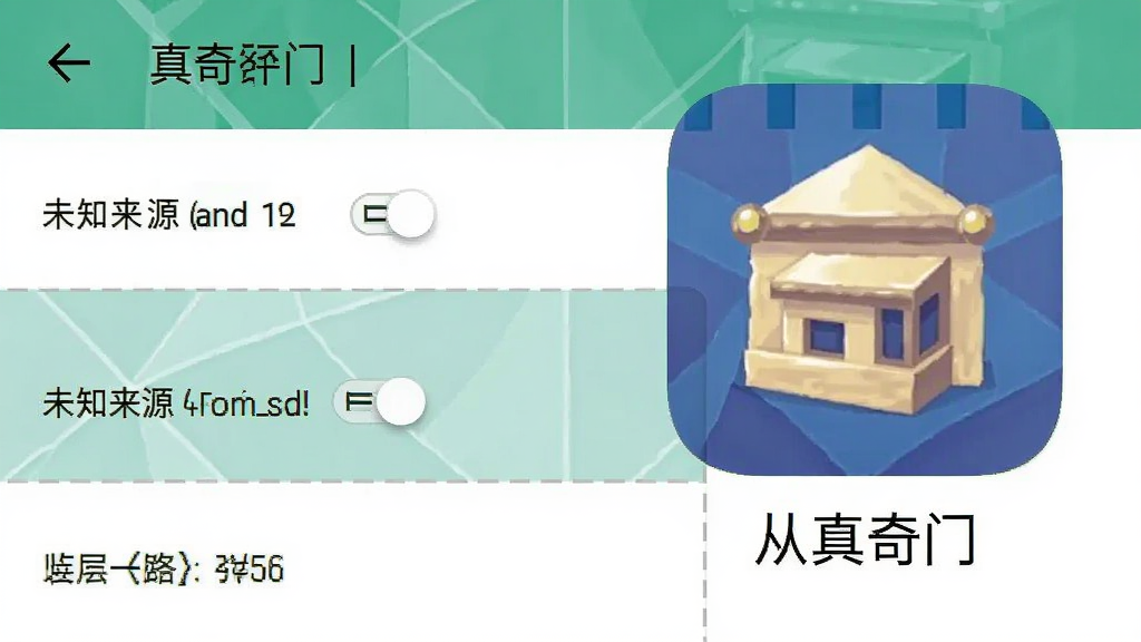 从真奇门app在安卓手机上的安装权限设置界面示意图,画面显示手机设置中的未知来源应用安装开关,旁边标注从真奇门图标,风格简洁明了,排版清晰,画质干净,无多余元素