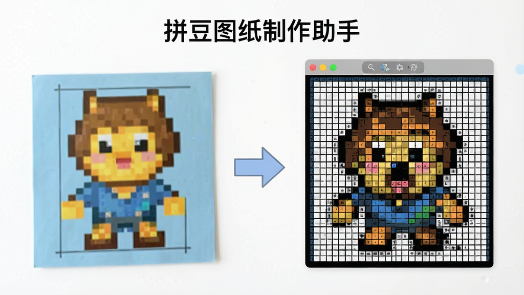 一张展示“拼豆图纸制作助手”图片转图纸功能的示意图,画面中左侧是一张彩色照片,右侧是经过软件处理后生成的像素网格图纸,中间有箭头表示转换过程,风格简洁明亮,画质清晰,无多余元素