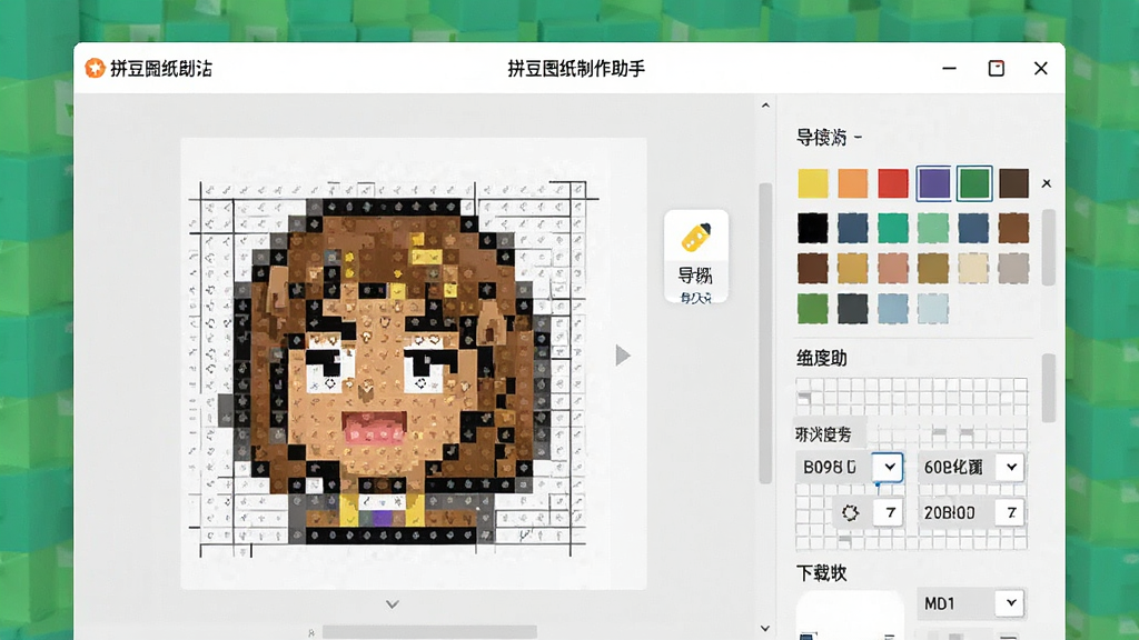 一张展示“拼豆图纸制作助手”软件主界面的预览图,画面中央是软件操作窗口,左侧显示导入的像素化拼豆图纸,右侧是颜色面板与网格设置选项,整体布局清晰,风格简洁现代,画质干净,无多余元素,适合作为软件下载站展示图