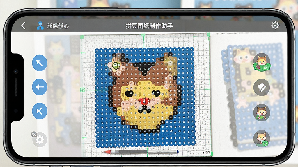 一张展示“拼豆图纸制作助手”在手机上正常运行的界面截图,画面中显示一张正在编辑的拼豆图纸,周围有操作按钮和提示信息,风格简洁,画质清晰,无多余元素