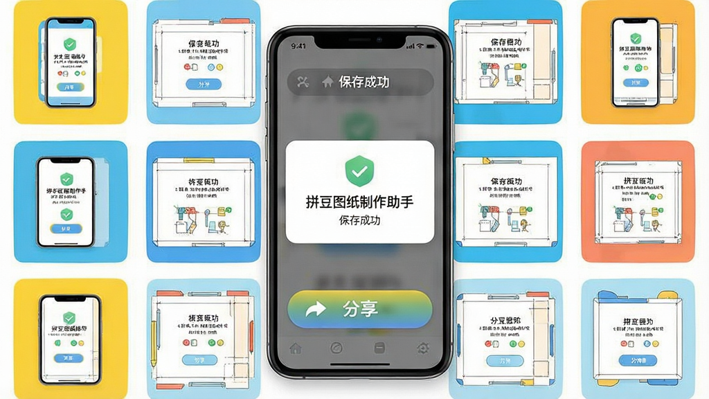 一张展示“拼豆图纸制作助手”图纸保存与分享功能的示意图,画面中手机屏幕显示保存成功的提示和分享按钮,周围有图纸缩略图,风格明快,画质干净,无多余元素