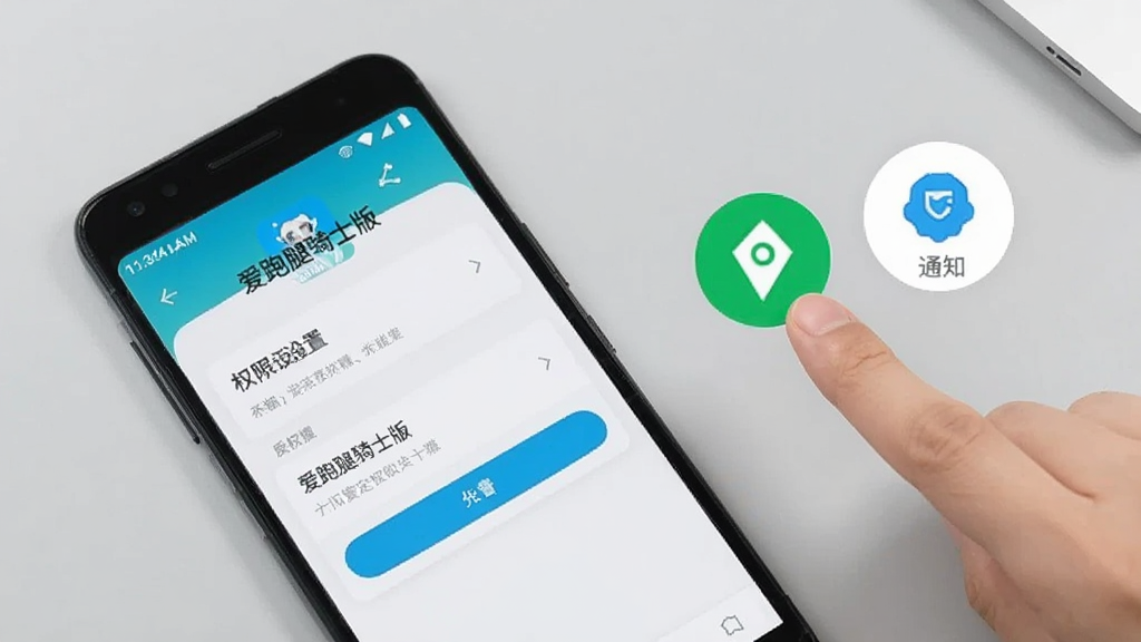 一部安卓手机放在桌面上,屏幕显示“爱跑腿骑士版”应用权限设置页面,旁边有手指点击允许定位和通知的示意图标,背景为浅灰色桌面,风格简洁清晰,画质干净
