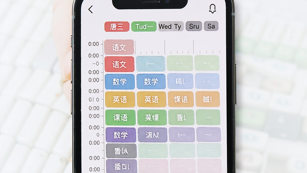 一张唐三浪学习时钟课程表功能的界面展示图,主体是手机屏幕,屏幕上显示一周课程表表格,表格中有语文、数学、英语等科目名称,不同科目用不同颜色标注,界面风格清爽简约,布局为纵向列表加横向星期标签,细节包括彩色科目标签、时间轴刻度、手机屏幕圆角,画质清晰,干净,无多余元素