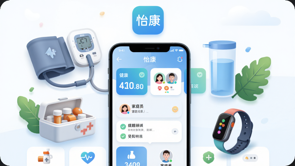 画面中央放置一部智能手机,手机屏幕显示“怡康”应用主界面,界面以浅蓝与白色为主色调,包含健康数据卡片、家庭成员头像和提醒事项列表。主体周围环绕家庭健康元素:血压计、药盒、水杯、运动手环和绿叶。布局采用居中对称构图,上方留白放置应用图标,下方为功能模块展示。排版清晰,信息层级分明。风格为现代扁平化UI插画,细节柔和阴影与圆角设计,画面干净无多余元素,画质高清,适合软件下载站展示。