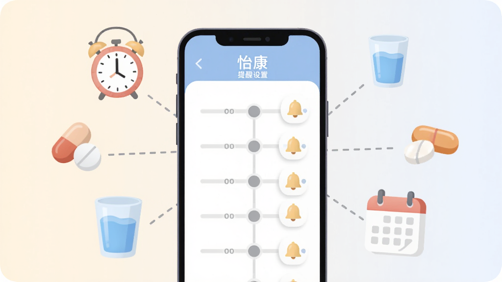 画面中央一部手机屏幕显示“怡康”提醒设置页面,页面中有多个时间轴节点和铃铛图标。手机周围漂浮闹钟、药片、水杯和日历图标,以虚线连接。布局采用中心发散式构图,背景为浅色渐变。风格为简洁矢量插画,细节圆润,色彩柔和。画质清晰,干净无多余元素,体现“怡康”护理提醒功能。