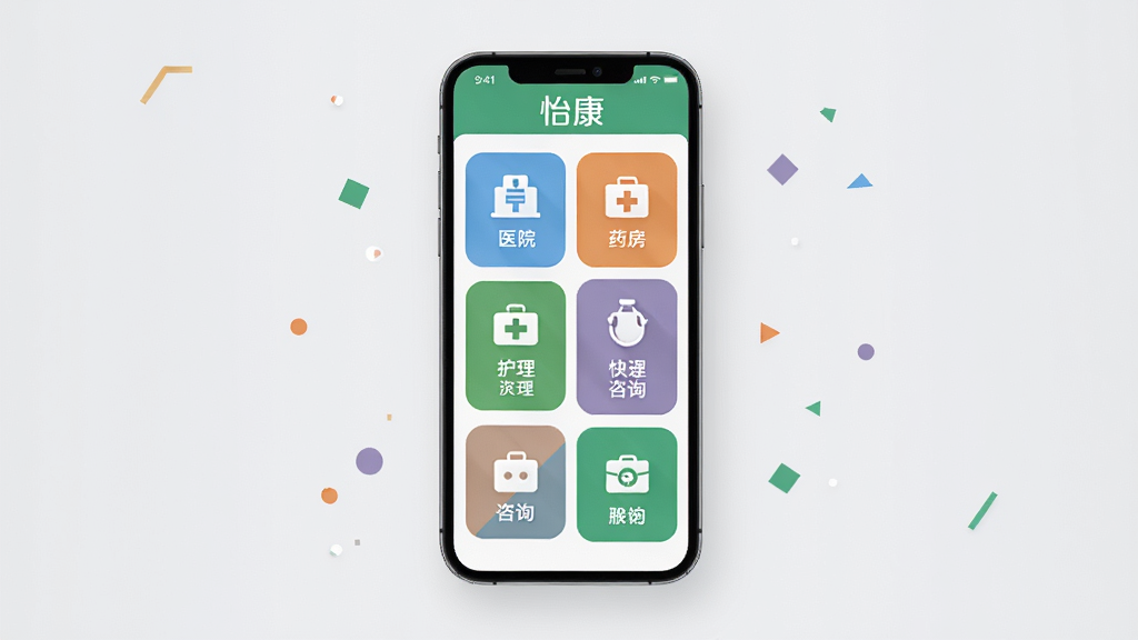 画面展示“怡康”应用首页服务入口网格布局,手机屏幕上有多个彩色图标按钮,包括医院、药房、护理、咨询等标识。手机悬浮在浅灰色背景中,周围有细小几何图形点缀。布局采用正面平视,主体居中。风格为现代扁平化设计,细节图标清晰,色彩明快。画质干净,无多余元素,突出“怡康”快捷服务入口。