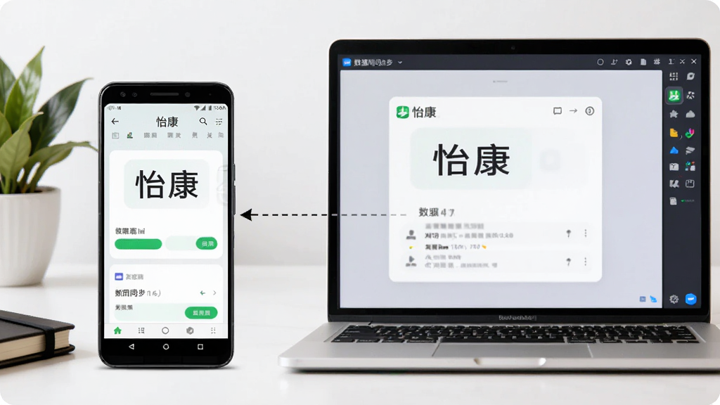 画面展示一部安卓手机和一台笔记本电脑并排摆放,手机屏幕显示“怡康”应用界面,电脑屏幕显示模拟器中的相同界面。两者之间用虚线箭头连接,表示数据同步。背景为简洁办公桌面,有绿植和笔记本。布局采用左右对比构图,风格为现代科技插画,细节清晰,画质干净,无多余元素,体现“怡康”多端使用场景。