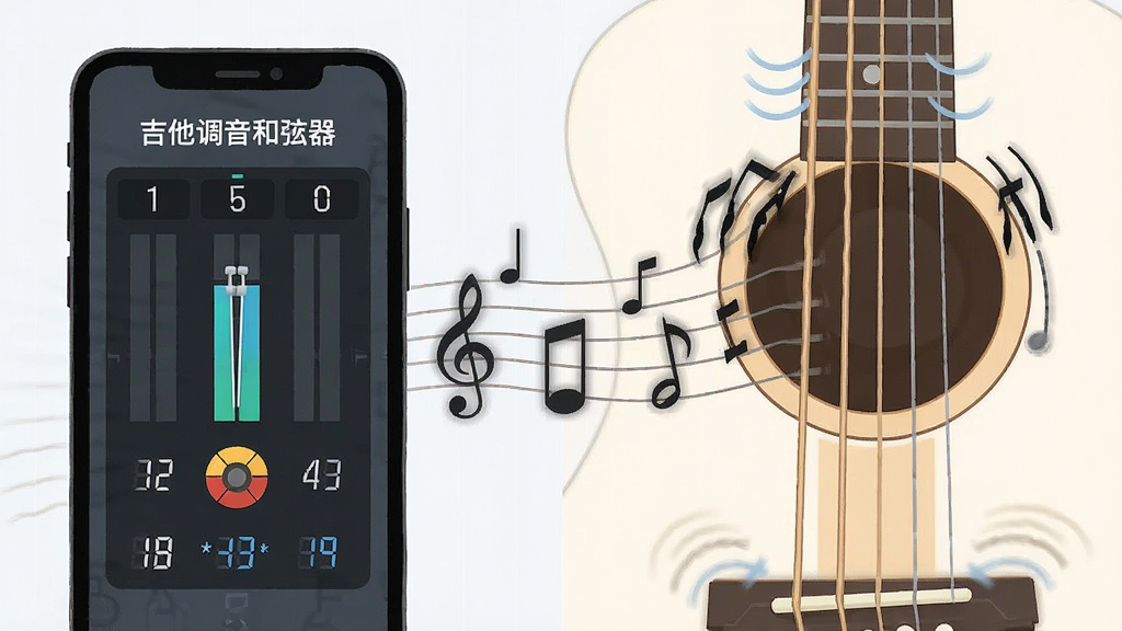 一幅展示“吉他调音和弦器”节拍器与调音功能组合使用的场景图,画面左侧为手机显示节拍器界面,右侧为吉他琴弦振动示意,中间用音符与节拍符号连接,布局采用左右分栏构图,风格为扁平化插画风,细节包含摆锤动画痕迹与速度数值,画质高清,干净,无多余元素
