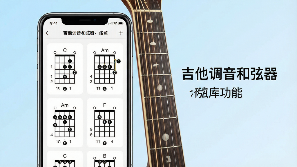 一张展示“吉他调音和弦器”和弦库功能的界面截图,画面中央为手机屏幕,屏幕内呈现多个吉他和弦指法图,包含C、G、Am、F等常见和弦,每个和弦下方标注品位与手指编号,手机旁放置一把原声吉他琴颈局部,背景为淡蓝色渐变,布局采用左图右文排版,风格为现代简约教学风,细节包含清晰的按弦圆点与数字标记,画质高清,干净,无多余元素