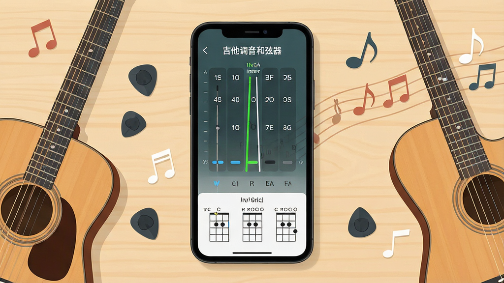 一幅以“吉他调音和弦器”为主题的手机应用界面展示图,画面中央放置一部竖屏智能手机,手机屏幕内显示吉他调音器主界面,包含六根琴弦的调音指针、音名标识与和弦图示,手机周围环绕原声吉他、拨片与音符符号,背景为浅木色桌面,布局采用居中对称构图,风格为清爽扁平化UI展示,细节包含清晰的刻度线与数字反馈,画质高清,干净,无多余元素