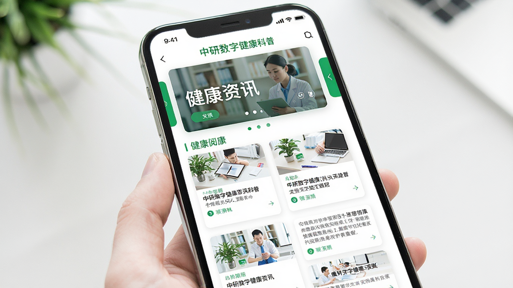 中研数字健康资讯科普页面,主体为手机屏幕展示健康文章列表,布局为顶部轮播图加下方文章卡片,排版整齐,风格为清爽阅读风,细节包含绿色点缀、白色背景、文字清晰,画质高清,干净,无多余元素
