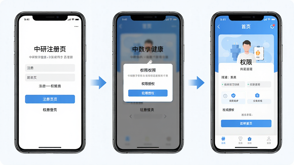 中研数字健康安装使用步骤示意图,主体为手机屏幕展示注册登录与权限授权界面,布局为三格分步展示,排版从左到右依次为注册页、权限弹窗、首页,风格为扁平化教程风,细节包含箭头引导、蓝色高亮按钮、简洁文字说明,画质高清,干净,无多余元素