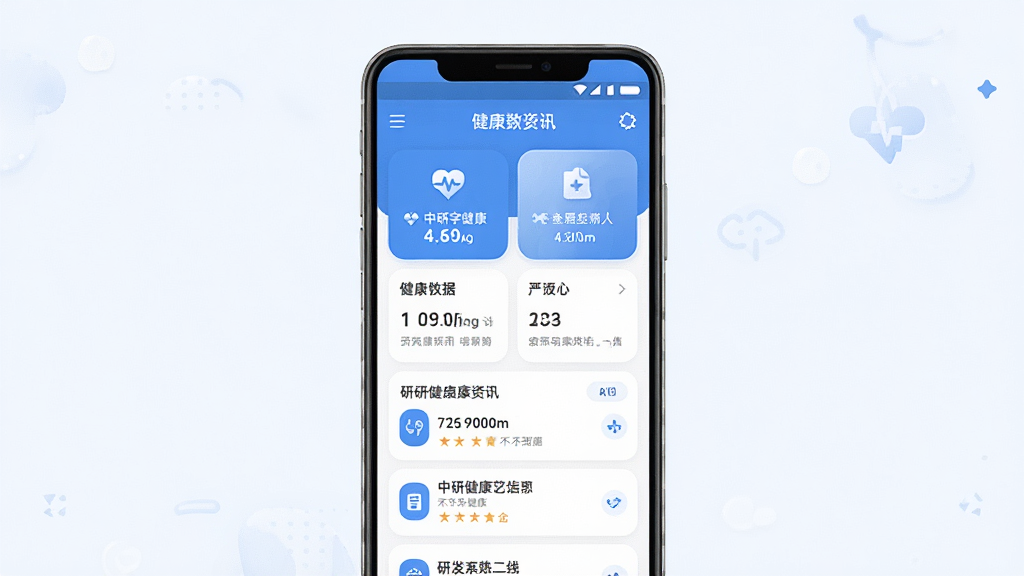 中研数字健康手机应用界面全貌展示,主体为一部竖屏安卓手机,屏幕内显示健康数据面板与研究院资讯列表,布局为上下结构,排版简洁清晰,风格为现代医疗健康类应用设计,细节包含蓝色与白色主色调、图标圆润、数据卡片式布局,画质高清,干净,无多余元素