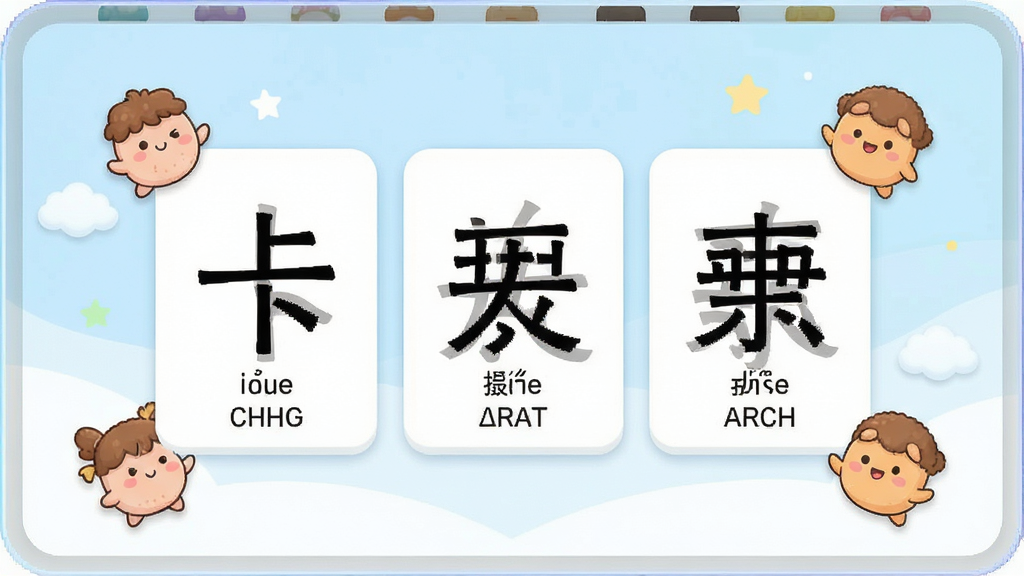 一张展示白卡识字软件主界面的场景图,画面中央是简洁的汉字卡片展示区域,卡片上写着大号汉字并配有拼音,周围有可爱的卡通装饰元素,背景为柔和的浅蓝色与白色渐变,整体风格清新童趣,画质清晰干净,无多余元素,适合软件下载站展示使用