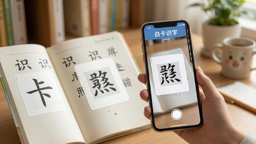 白卡识字拍照识字功能展示图,画面中一只手拿着手机对着书本上的汉字拍照,手机屏幕上显示出识别后的字卡内容,背景为温馨的家庭学习桌面,整体风格写实清新,画质清晰,突出软件名称白卡识字,无多余杂乱元素