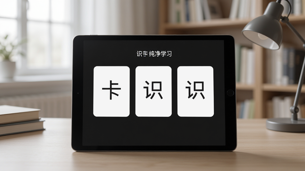 白卡识字无广告纯净学习界面效果图,画面展示平板电脑屏幕上显示简洁的识字卡片界面,周围没有弹窗和广告横幅,背景为安静的书房环境,整体风格素雅干净,画质清晰,突出白卡识字软件名称