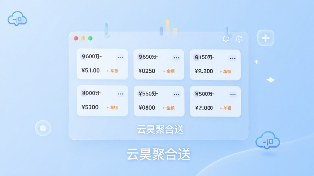 画面展示一个悬浮在空中的半透明数据面板,面板内排列着多个订单卡片,卡片上标注距离与金额,面板下方有“云昊聚合送”字样,背景为浅蓝色渐变,风格简洁现代,细节清晰,画质干净,无杂乱元素。
