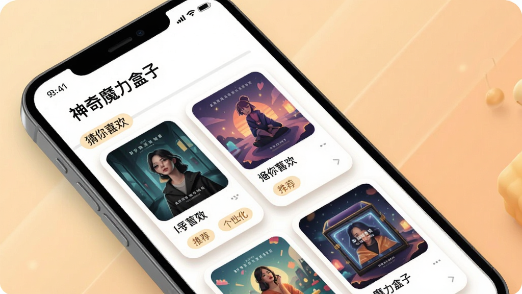 一张“神奇魔力盒子”个性化推荐页面的示意图,画面中手机屏幕显示推荐内容卡片,卡片上有不同的封面图和标题文字,旁边有“猜你喜欢”字样,背景是柔和的暖色调,风格现代简约,细节包含卡片阴影、圆角边框、推荐标签,画质清晰,干净,无多余元素