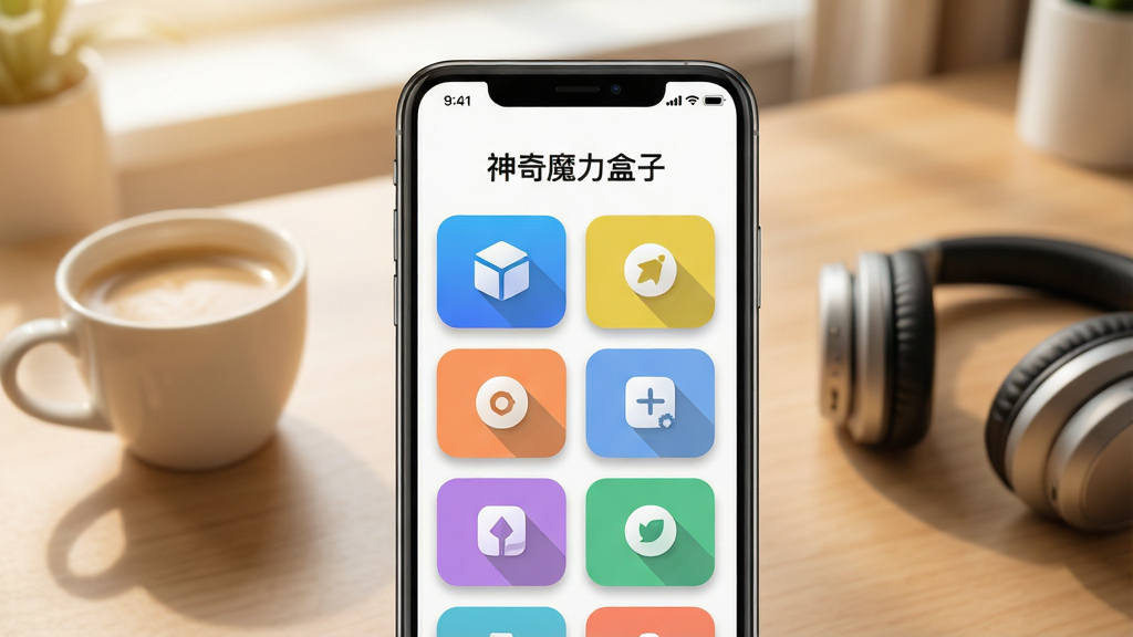 一张手机屏幕展示“神奇魔力盒子”应用主界面的场景图,画面中央是打开的软件首页,界面上方显示“神奇魔力盒子”文字标识,下方排列多个彩色功能卡片图标,背景是温馨的室内桌面环境,旁边放着一杯咖啡和一副耳机,整体风格清新明亮,细节包含图标阴影、卡片圆角、状态栏信号与电量显示,画质清晰,干净,无多余元素