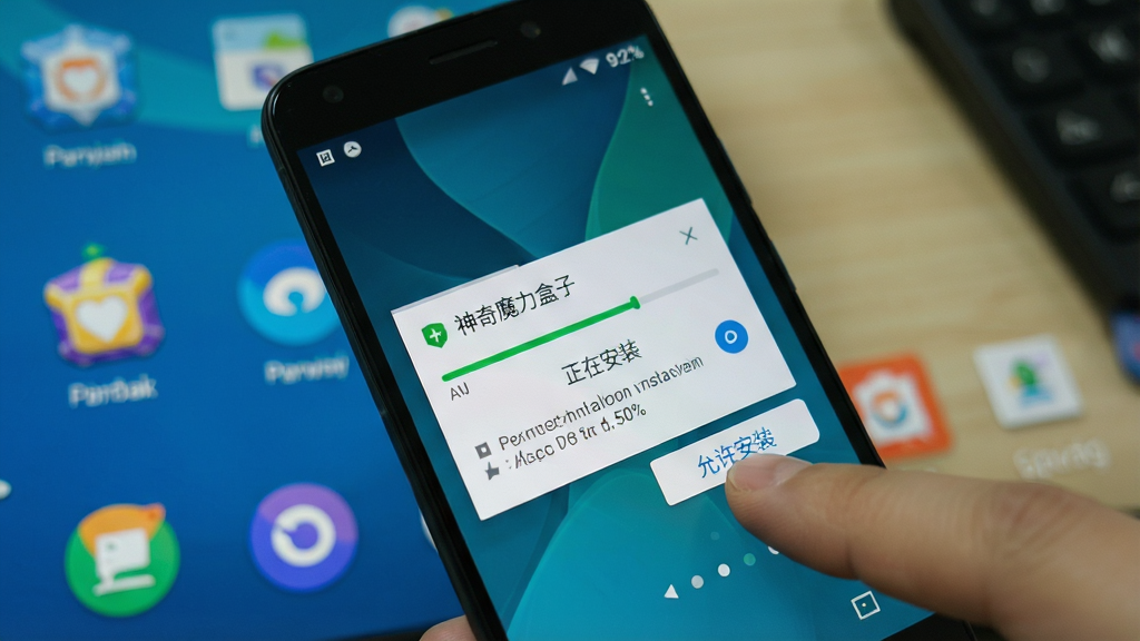 一部安卓手机正在安装“神奇魔力盒子”APK文件的界面截图,画面中手机屏幕显示安装进度条和“正在安装”文字,旁边有手指点击“允许安装”按钮的动作,背景是桌面环境,风格写实,细节包含安装弹窗、权限提示、进度百分比,画质清晰,干净,无多余元素