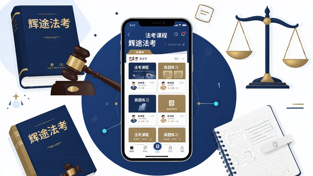 画面主体是一部智能手机,手机屏幕中显示辉途法考APP的首页界面,界面包含课程列表与题库入口,手机周围环绕法律书籍、法槌、天平、笔记本等法考学习元素。布局采用中心构图,手机居中放置,学习元素呈环形围绕。排版简洁有序,风格为扁平化科技插画风,色调以深蓝、白色、金色为主。细节上,书籍封面印有“辉途法考”字样,屏幕中清晰呈现“法考课程”“真题练习”等文字。整体画质高清,画面干净,无多余元素。