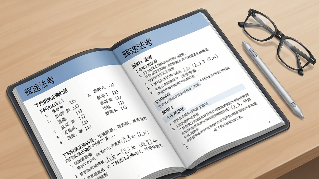 画面主体是一本打开的虚拟电子题册,题册页面上显示法考选择题与解析文字,题册旁边放置一支触控笔和一副眼镜。布局采用对角线构图,题册占据画面左下至右上区域。排版以题册内容为视觉中心,风格为写实学习场景插画。细节上,题册页面顶部写有“辉途法考”字样,题目区域显示“下列说法正确的是”等法考典型题干。整体画质清晰,画面干净,无多余元素。