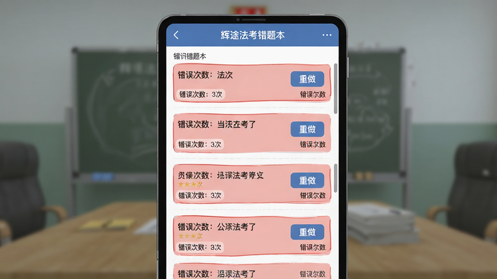 画面主体是一个虚拟的错题本界面,界面中排列着多道标红的法考题目,每道题旁边有“重做”按钮和错误次数标记。布局采用纵向列表式构图,错题本位于画面中央。排版清晰规整,风格为扁平化UI设计风格。细节上,界面顶部写有“辉途法考错题本”字样,题目区域显示“错误次数:3次”等标签。整体画质高清,画面干净,无多余元素。