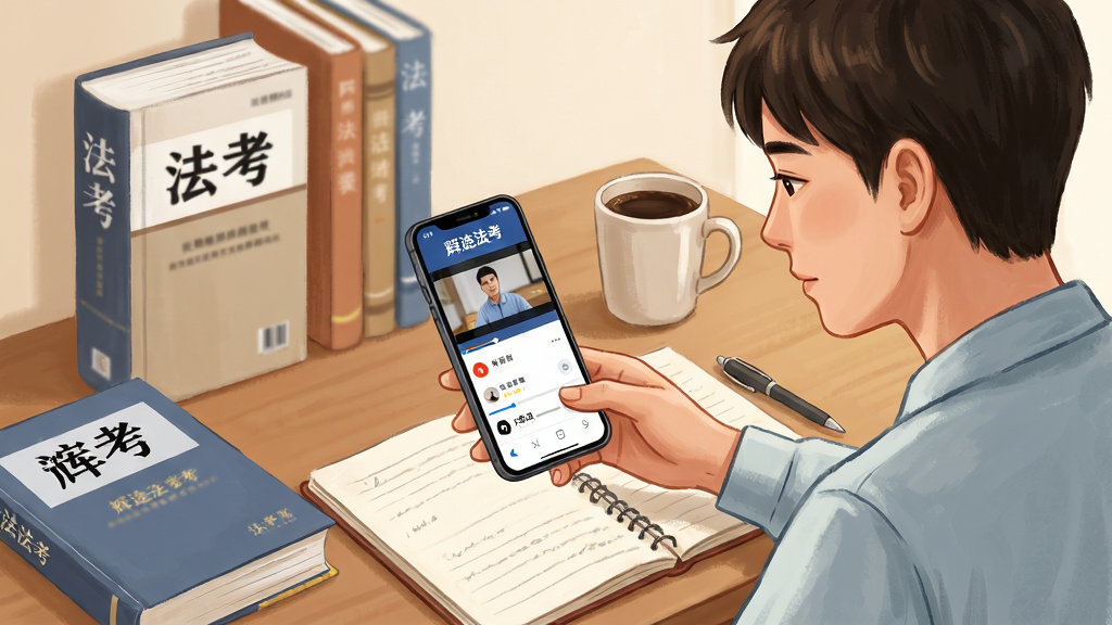 画面主体是一位年轻考生坐在书桌前使用手机学习,手机屏幕显示辉途法考APP的课程播放界面,书桌上摆放着法考教材、笔记本和一杯咖啡。布局采用侧面视角构图,考生位于画面右侧,手机屏幕内容清晰可见。排版以人物和手机为视觉焦点,风格为温馨写实插画风。细节上,手机屏幕中显示“辉途法考”字样和视频播放进度条,教材封面写有“法考”二字。整体画质高清,画面干净,无多余元素。