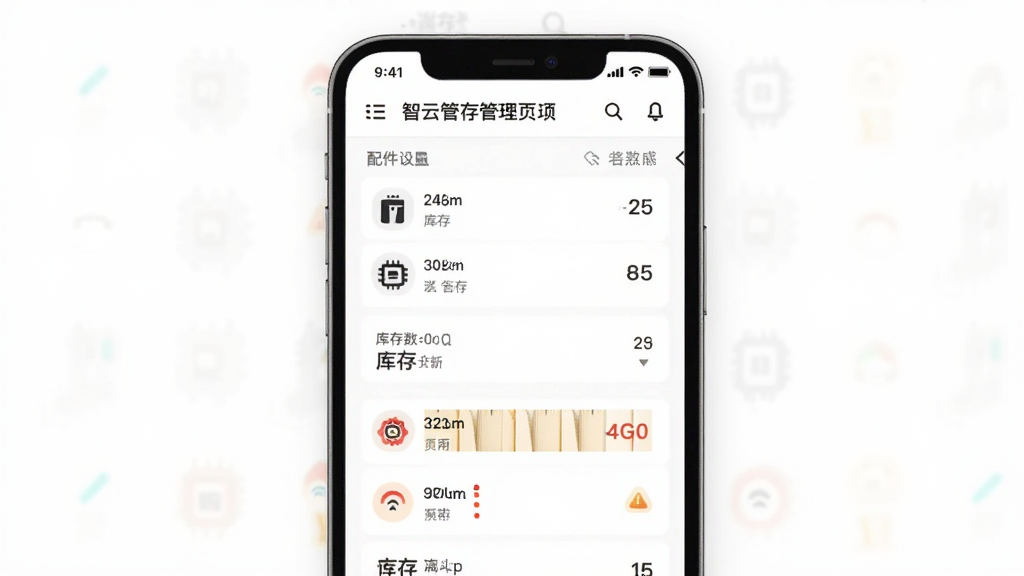 智云管店库存管理页面,主体为手机屏幕展示,布局居中,背景为白色,屏幕显示配件列表、库存数量、预警标识,风格为极简实用,细节到位,画质高清,画面干净