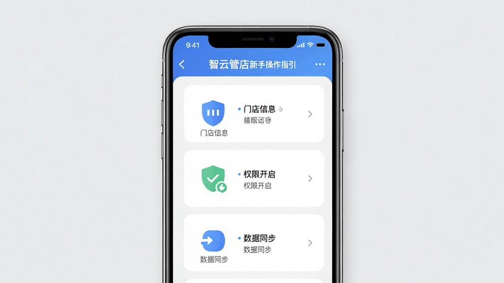 智云管店新手操作指引界面,主体为手机屏幕展示,布局居中,背景为浅灰色,屏幕显示设置向导步骤,包含门店信息、权限开启、数据同步等图标,风格为清新简洁,细节清晰,画质高清,无多余元素