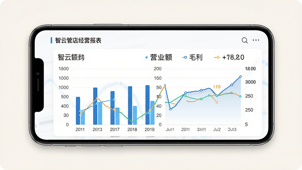 智云管店经营报表界面,主体为手机屏幕,布局居中,背景为浅色,屏幕显示柱状图与折线图,标注营业额与毛利数据,风格为数据可视化,细节清晰,画质高清,无多余装饰
