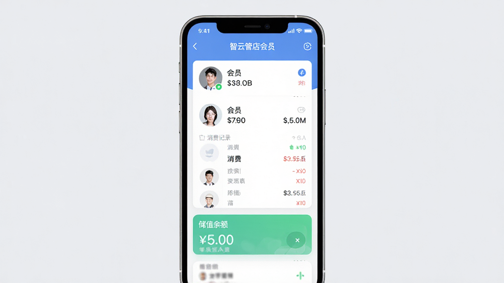 智云管店会员管理界面,主体为手机屏幕,布局居中,背景为淡灰色,屏幕显示会员头像列表、消费记录、储值余额,风格为清新商务,细节丰富,画质清晰,无杂乱元素