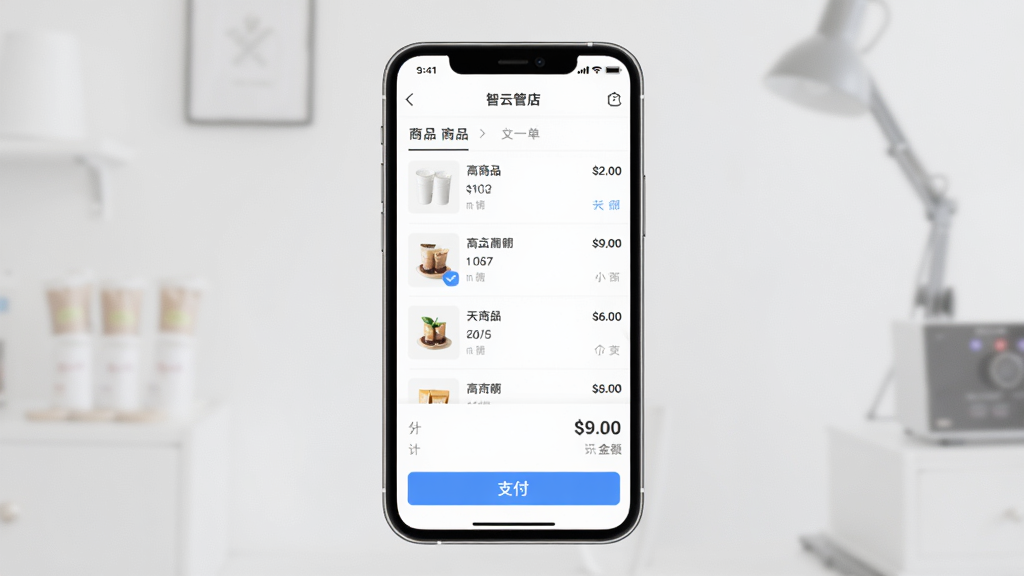 手机界面展示智云管店收银开单页面,主体为手机屏幕特写,布局中央,背景简洁,屏幕内显示商品列表、金额合计、支付按钮,风格为现代简约,细节清晰,画质高清,干净无多余元素