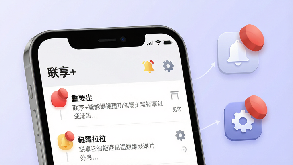 一张展示“联享+”智能提醒功能的图片,画面主体为手机屏幕特写,屏幕显示“联享+”消息列表界面,重要消息带有红色角标和置顶标识,旁边有铃铛图标和齿轮设置图标,布局为左侧手机右侧图标环绕,风格为扁平化设计,细节上角标有立体感,背景为淡紫色渐变,画质为高清,干净,无多余元素