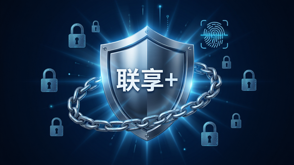 一张展示“联享+”数据安全保护功能的图片,画面中心为一个发光的盾牌图标,盾牌上印有“联享+”字样,盾牌周围环绕着加密锁链、指纹识别图标和数据加密符号,布局为居中放射状,风格为科技感暗色系,细节上盾牌有金属质感,光线从中心向外扩散,背景为深蓝色,画质为高清,干净,无多余元素