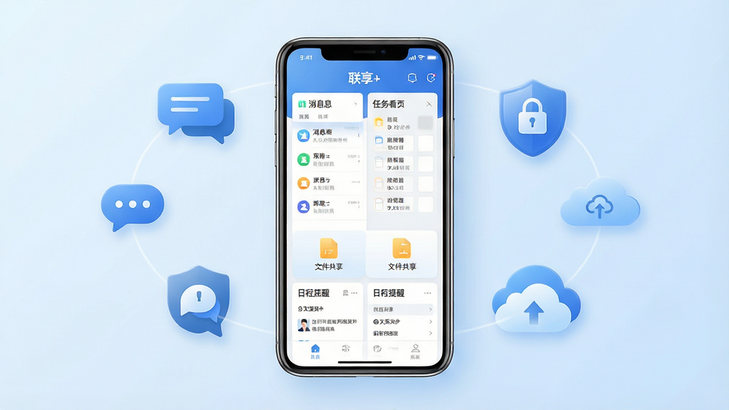 一张展示“联享+”智慧协同办公应用核心界面的图片,画面中央为手机屏幕,屏幕内显示“联享+”应用主界面,包含消息列表、任务看板、文件共享入口和日程提醒模块,周围环绕着代表高效沟通的对话气泡图标、代表数据安全的盾牌图标和代表云端同步的云朵图标,布局为居中对称式,排版简洁清晰,风格为现代扁平化科技风,细节上屏幕界面有轻微光泽感,图标圆润,背景为浅蓝渐变,画质为高清4K,干净,无多余元素