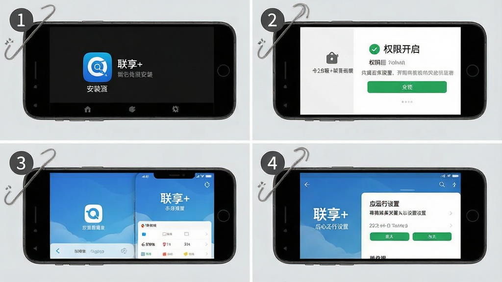 一张展示“联享+”移动端安装与设置流程的图片,画面为手机屏幕截图拼图,包含四个步骤:第一步显示应用安装界面,第二步显示权限开启页面,第三步显示应用主界面,第四步显示后台运行设置页面,布局为田字格排列,风格为教程图解风,细节上每一步有数字序号标注,背景为浅灰色,画质为高清,干净,无多余元素