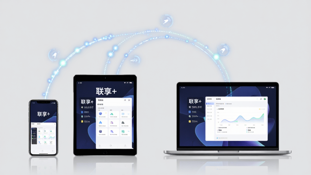 一张展示“联享+”多端同步功能的图片,画面中同时出现智能手机、平板电脑和笔记本电脑三种设备,设备屏幕均显示“联享+”应用界面,设备之间用发光的弧线连接代表数据同步,布局为品字形排列,风格为现代科技风,细节上设备边缘有轻微反光,连接线有流动光点,背景为浅灰色,画质为高清,干净,无多余元素
