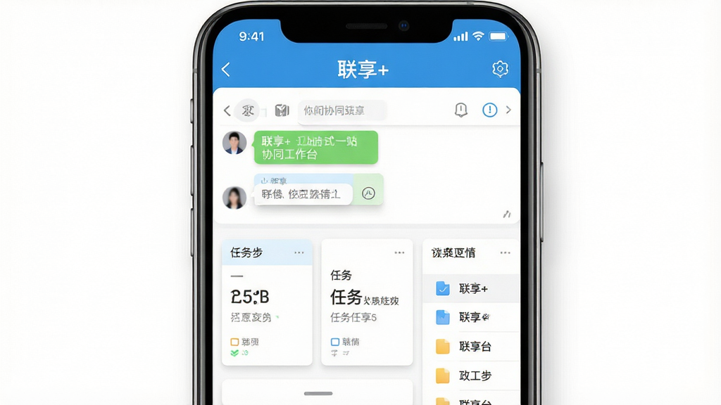 一张展示“联享+”一站式协同工作台的图片,画面主体为一部智能手机,手机屏幕显示“联享+”应用界面,界面内同时呈现聊天窗口、任务卡片和文件列表三个模块,布局为上下分层结构,风格为清爽简约的商务风,细节上界面元素有微妙的投影效果,背景为纯白色,画质为超清,干净,无多余元素
