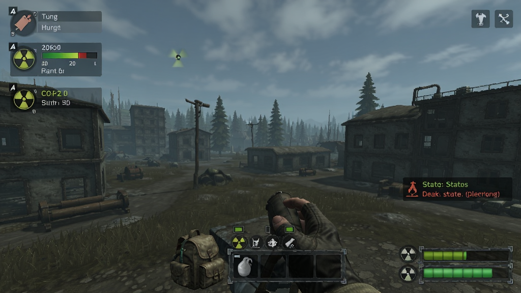 主体为S.T.A.L.K.E.R.游戏中的生存状态界面,布局在屏幕边缘显示饥饿、辐射、生命值等图标,排版采用半透明UI覆盖在游戏画面上,风格为写实科幻,细节包括辐射计量表、背包物品栏、状态异常提示,画质高清,干净,无多余元素。