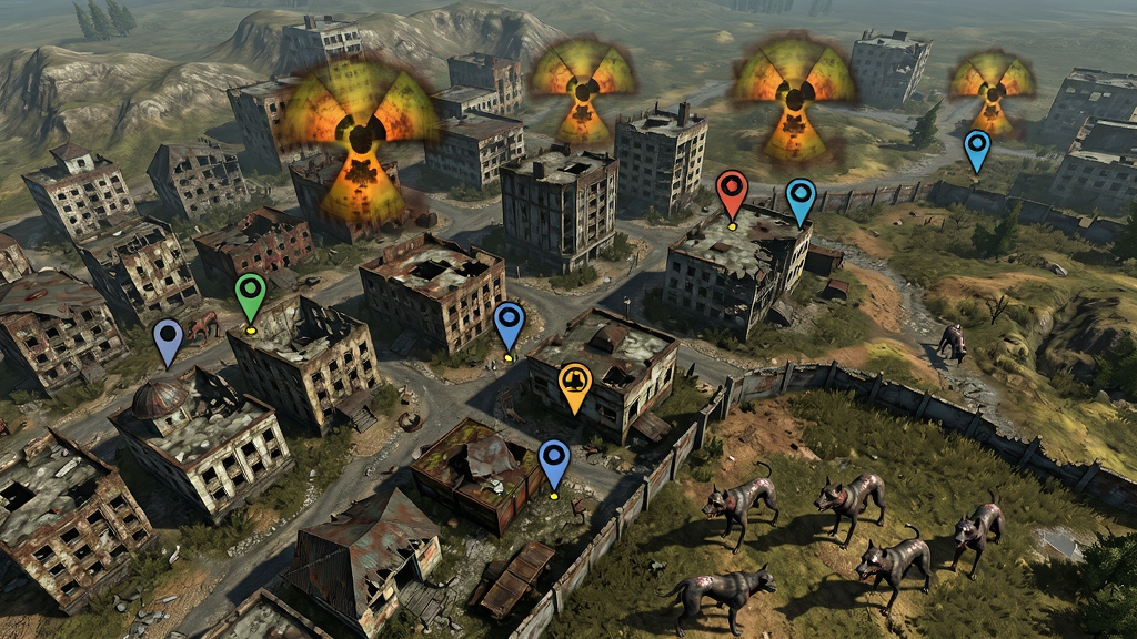 主体为S.T.A.L.K.E.R.游戏中的开放世界地图场景,布局为俯瞰视角展示废弃城市与荒野,排版突出地形轮廓与任务标记点,风格为末日废土,细节包括破败建筑、辐射云层、野生变异犬群,画质高清,干净,无多余元素。